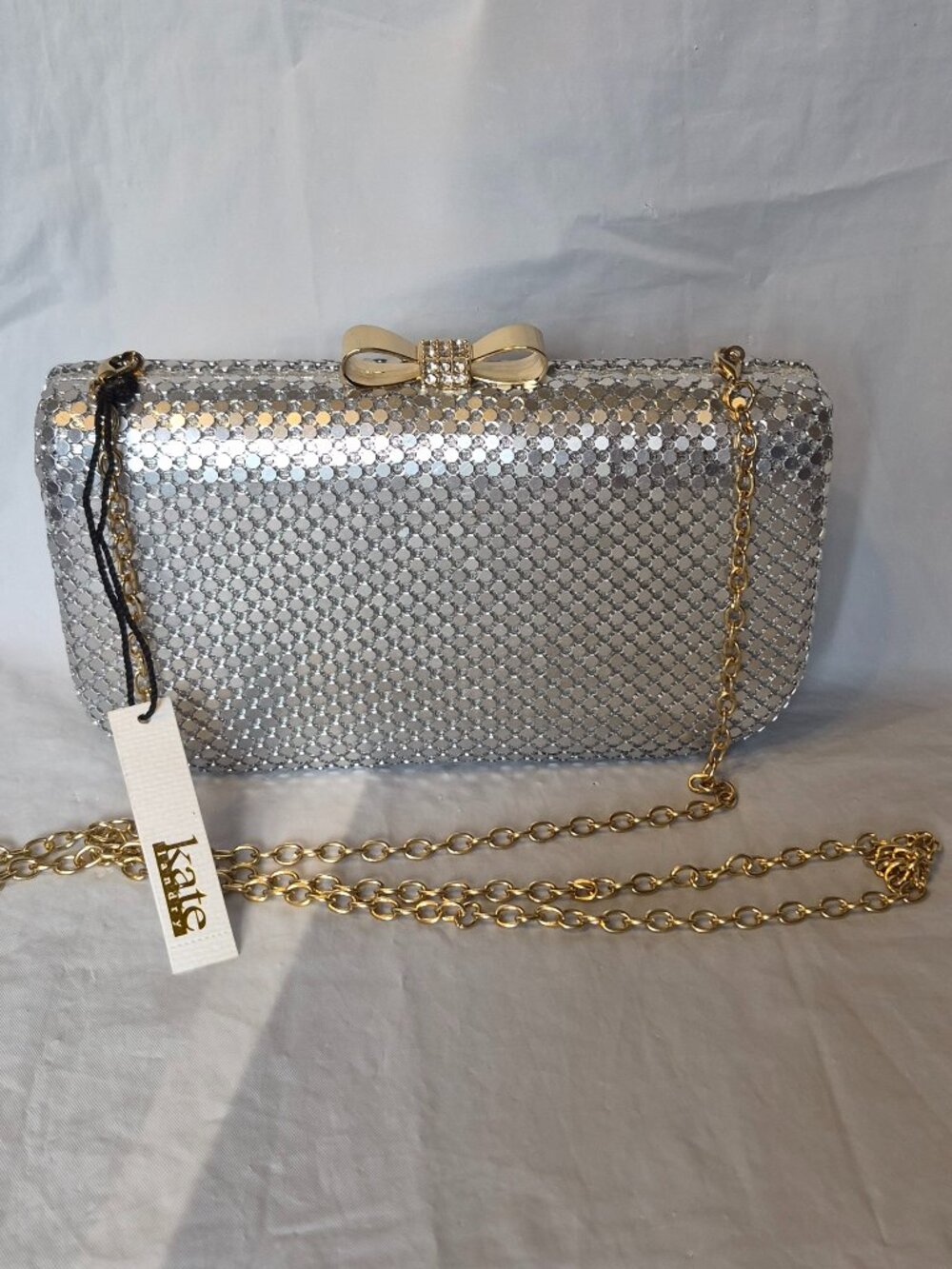 NWT Kate Landry Silver Mesh Clamshell Evening Bag Purse
